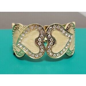 Vintage Tan Enamel Heart Love GoldTone  Rhinestone Clamper Bangle Bracelet Bling